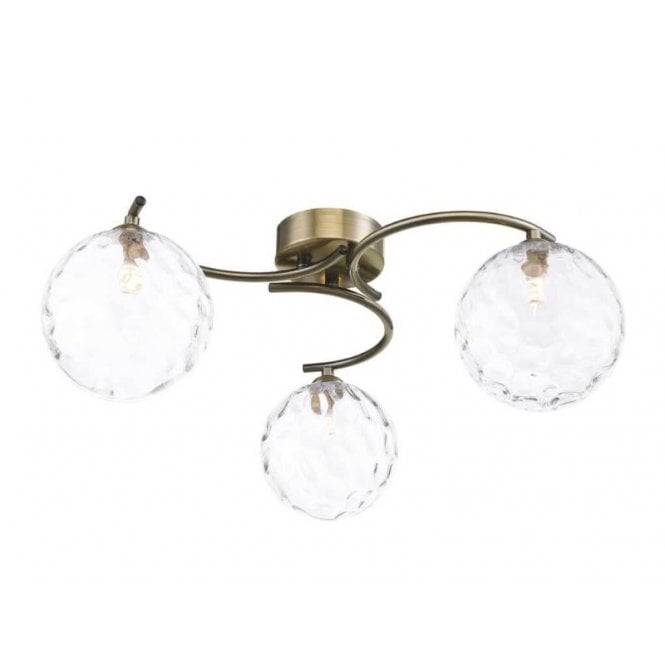 NAKITA 3 Light Semi Flush Ceiling in Antique Brass with GL12 Clear Dimpled Glass Shade