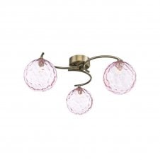 NAKITA 3 Light Semi Flush Ceiling in Antique Brass with GL13 Pink Dimpled Glass Shade