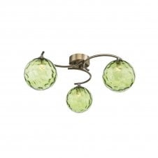 NAKITA 3 Light Semi Flush Ceiling in Antique Brass with GL14 Green Dimpled Glass Shade