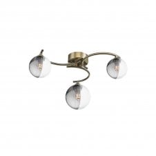 NAKITA 3 Light Semi Flush Ceiling in Antique Brass with GL18 Smoked & Clear Ribbed Glass