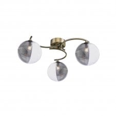 NAKITA 3 Light Semi Flush Ceiling in Antique Brass with GL19 Smoked & Clear Ribbed Glass Shade