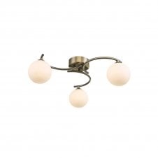 NAKITA 3 Light Semi Flush Ceiling in Antique Brass with GL2 Opal Glass Globe Shade