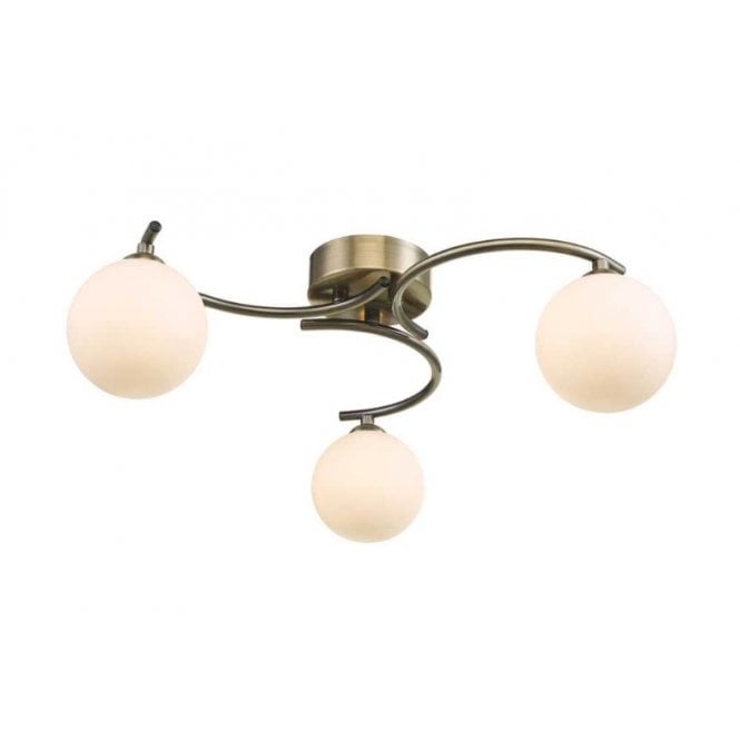 NAKITA 3 Light Semi Flush Ceiling in Antique Brass with GL2 Opal Glass Globe Shade