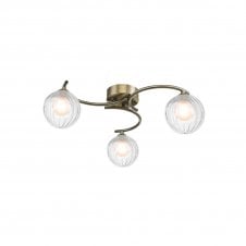 NAKITA 3 Light Semi Flush Ceiling in Antique Brass with GL20 Opal & Clear Ribbed Glass Shade