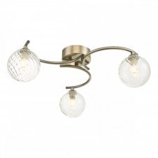 NAKITA 3 Light Semi Flush Ceiling in Antique Brass with GL3 Twisted Glass Globe Shade