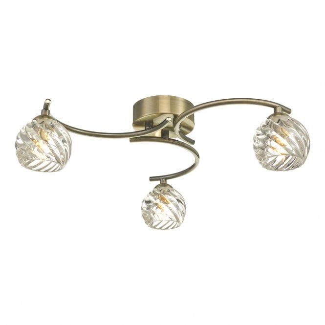NAKITA 3 Light Semi Flush Ceiling in Antique Brass with GL5 Twisted Open Glass Shade