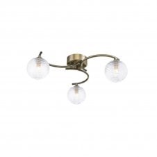 NAKITA 3 Light Semi Flush Ceiling in Antique Brass with GL8 Ribbed Glass Globe Shade