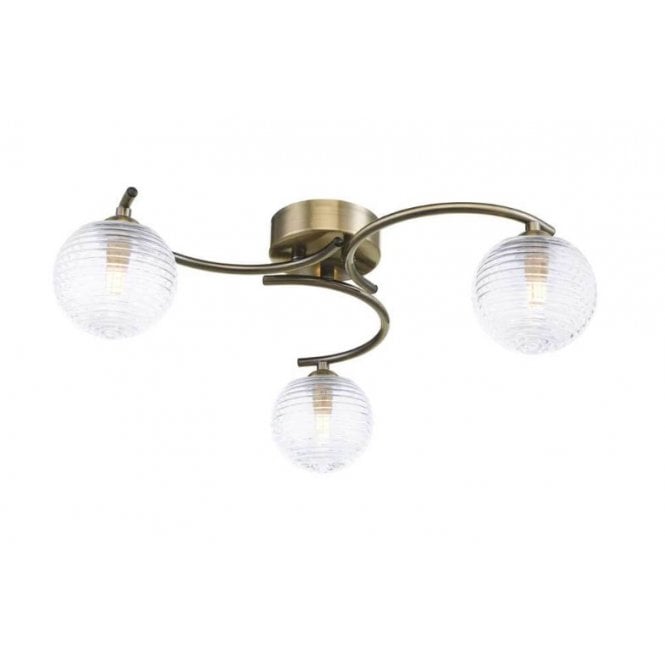 NAKITA 3 Light Semi Flush Ceiling in Antique Brass with GL8 Ribbed Glass Globe Shade