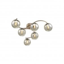 NAKITA 6 Light Semi Flush Ceiling in Antique Brass with GL1 Smoked Glass Globe Shade