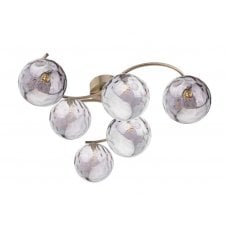 6 Light Semi Flush Ceiling In Antique Brass With GL10 Smoked Dimpled Glass Shade