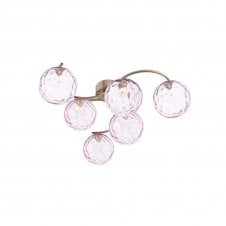 NAKITA 6 Light Semi Flush Ceiling in Antique Brass with GL13 Pink Dimpled Glass Shade