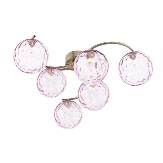 NAKITA 6 Light Semi Flush Ceiling in Antique Brass with GL13 Pink Dimpled Glass Shade