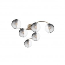 NAKITA 6 Light Semi Flush Ceiling in Antique Brass with GL18 Smoked & Clear Ribbed Glass