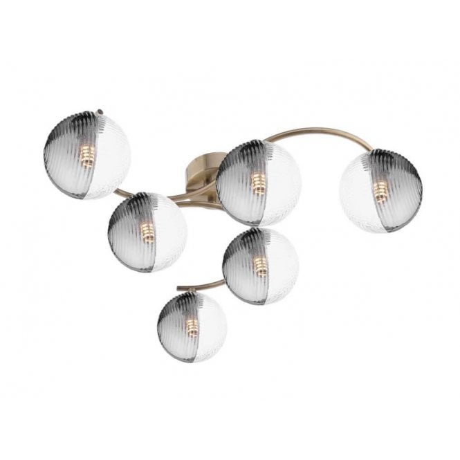 NAKITA 6 Light Semi Flush Ceiling in Antique Brass with GL18 Smoked & Clear Ribbed Glass