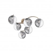 NAKITA 6 Light Semi Flush Ceiling in Antique Brass with GL19 Smoked & Clear Ribbed Glass Shade