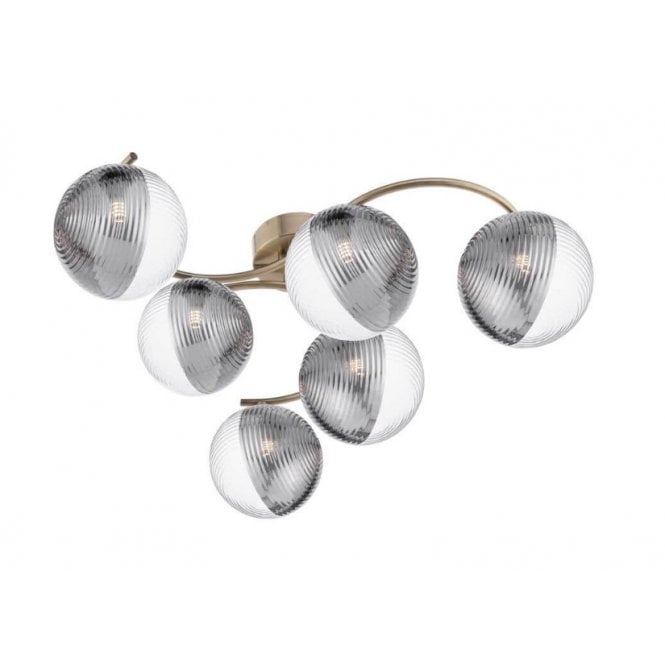 NAKITA 6 Light Semi Flush Ceiling in Antique Brass with GL19 Smoked & Clear Ribbed Glass Shade