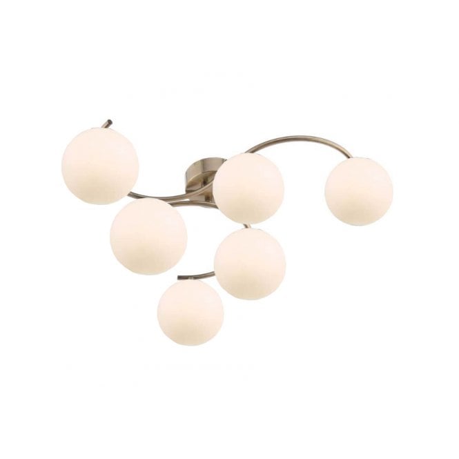 NAKITA 6 Light Semi Flush Ceiling in Antique Brass with GL2 Opal Glass Globe Shade