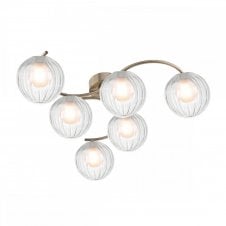 NAKITA 6 Light Semi Flush Ceiling in Antique Brass with GL20 Opal & Clear Ribbed Glass Shade