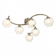 NAKITA 6 Light Semi Flush Ceiling in Antique Brass with GL4 Opal Inner and Clear Glass Globe Shade