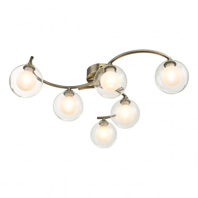 NAKITA 6 Light Semi Flush Ceiling in Antique Brass with GL4 Opal Inner and Clear Glass Globe Shade