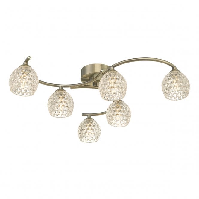 NAKITA 6 Light Semi Flush Ceiling in Antique Brass with GL6 Dimpled Glass Shade