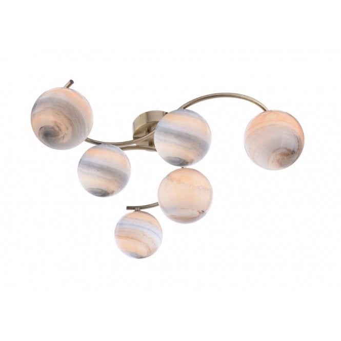 NAKITA 6 Light Semi Flush Ceiling in Antique Brass with GL7L Large Planet Art Glass Globe Shade