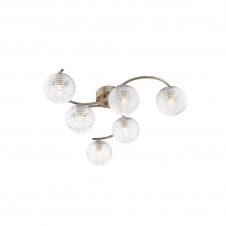 NAKITA 6 Light Semi Flush Ceiling in Antique Brass with GL8 Ribbed Glass Globe Shade