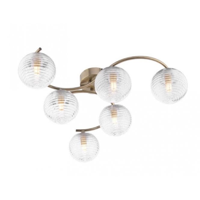 NAKITA 6 Light Semi Flush Ceiling in Antique Brass with GL8 Ribbed Glass Globe Shade