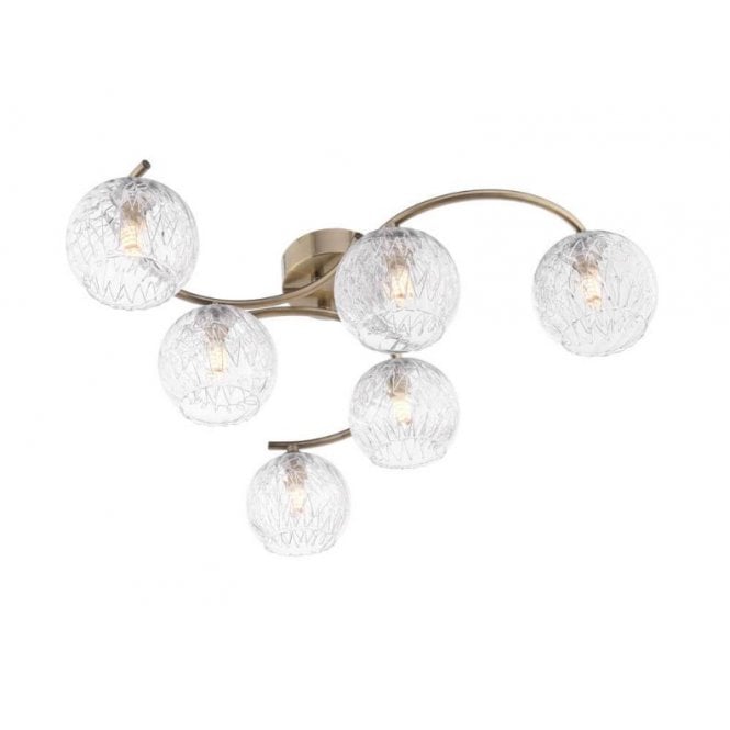 NAKITA 6 Light Semi Flush Ceiling in Antique Brass with GL9 Inner Wire Glass Globe Shade