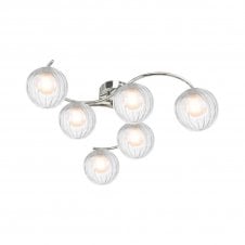 NAKITA 6 Light Semi Flush Ceiling in Chrome with GL20 Opal & Clear Ribbed Glass Shade