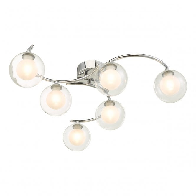 NAKITA 6 Light Semi Flush Ceiling in Chrome with GL4 Opal Inner and Clear Glass Globe Shade