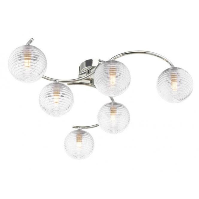 NAKITA 6 Light Semi Flush Ceiling in Chrome with GL8 Ribbed Glass Globe Shade