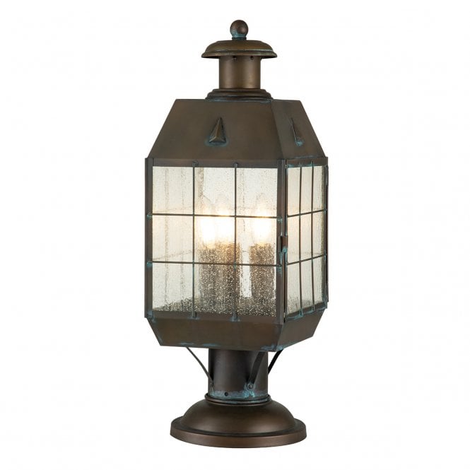 NANTUCKET 3 Light Large Pedestal Lantern in Aged Brass with Seeded Glass