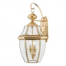 traditional outdoor wall lantern in polished brass with clear glass shades