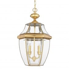 traditional outdoor hanging lantern in polished brass with clear glass shades