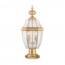 traditional outdoor pedestal lantern in polished brass with clear glass shades