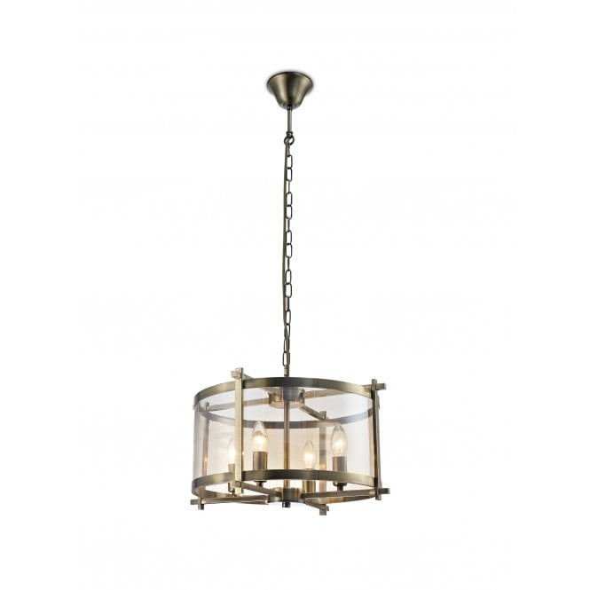 NOLAN Single Medium Pendant 4 Light E14 Antique Brass/Amber Glass