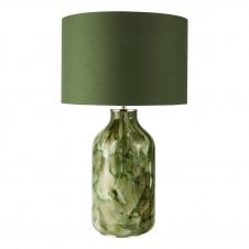modern green artisanal glass table lamp with green cotton shade