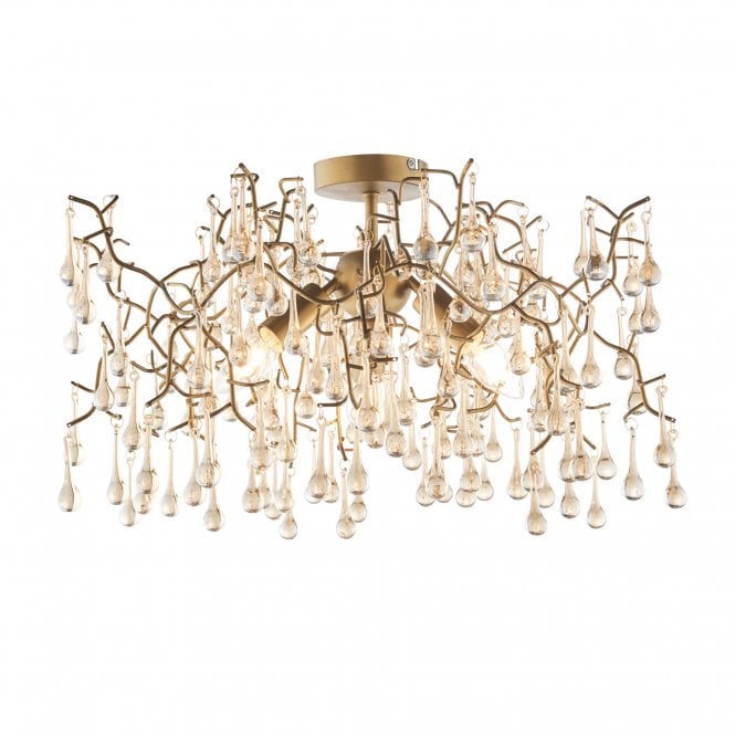 OASIS Aged Gold Branch Semi-Flush Ceiling Light With Glass Droplets