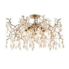 OASIS Aged Gold Branch Semi-Flush Ceiling Light With Glass Droplets