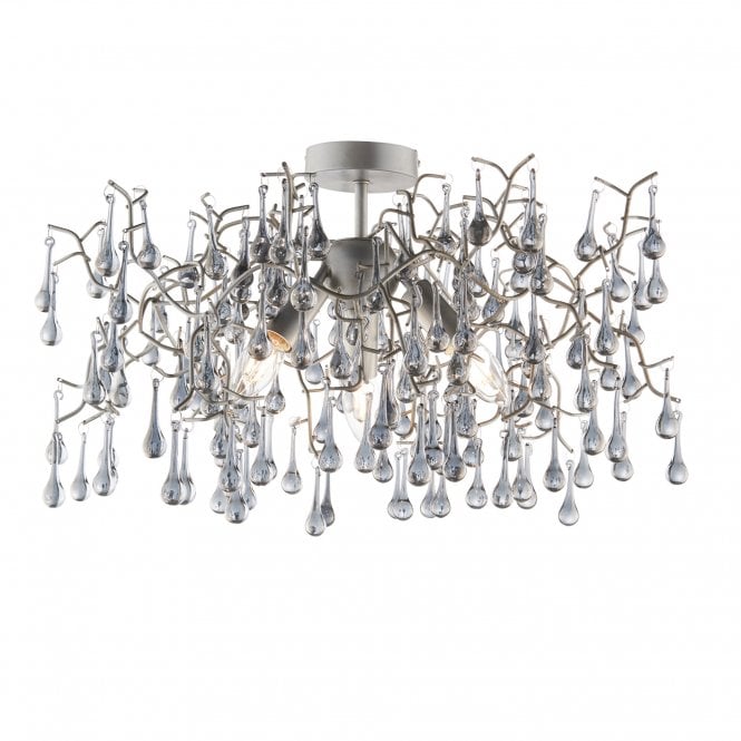OASIS Aged Silver Branch Semi-Flush Ceiling Light With Glass Droplets