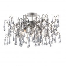 OASIS Aged Silver Branch Semi-Flush Ceiling Light With Glass Droplets