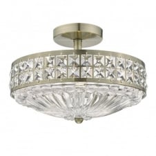 traditional semi flush antique brass and crystal ceiling light