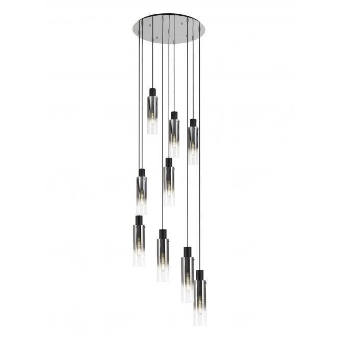 OMBRE Slim Round Ceiling Pendant 9 Light Adjustable Black with Smoke Fade Glass