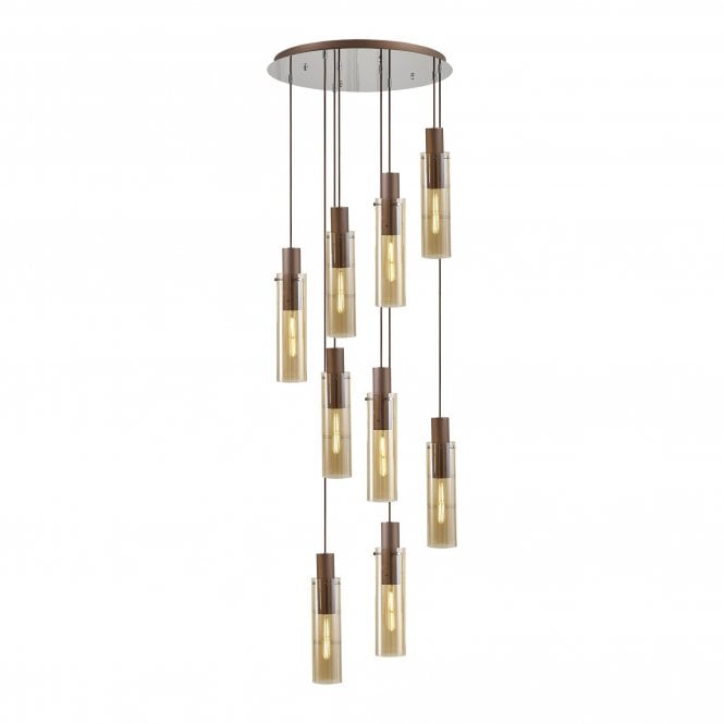 OMBRE Slim Round Pendant | 9 Light Adjustable E27 | Mocha and Amber Glass
