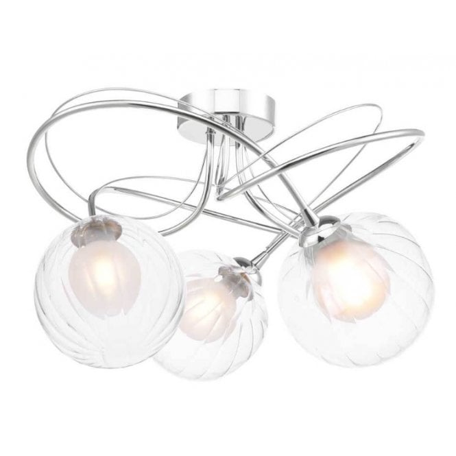 Onawa 3 Light Semi-Flush Ceiling Light in Chrome with Opal & Clear Ribbed Glass Shades