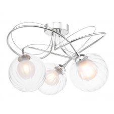 3 Light Semi Flush Ceiling Fixture In Chrome With Opal & Clear Ribbed Glass Shade