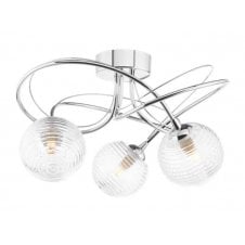 3 Light Semi Flush Ceiling Fixture In Chrome With GL8 Ribbed Glass Globe Shade