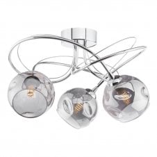3 Light Semi Flush Ceiling Fixture In Chrome With Smoked Organic Glass Shade