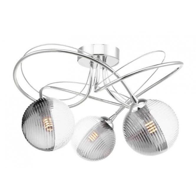 Onawa 3 Light Semi-Flush in Chrome with Smoked & Clear Ribbed Glass Shades (10cm)